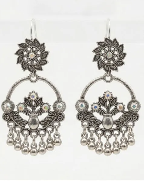 Vintage Silver Oxidized Floral Chandbali Earrings with Stone Accents
