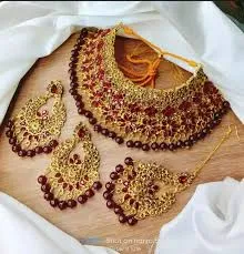 Traditional Wedding/Party Bridal Choker Necklace Earrings And Tikli Jewellery Set - Necklace - Necklace For Girls