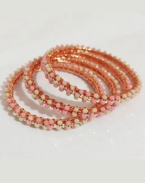 Pink Blossom Rose Gold Beaded Bangle Set 4 pcs