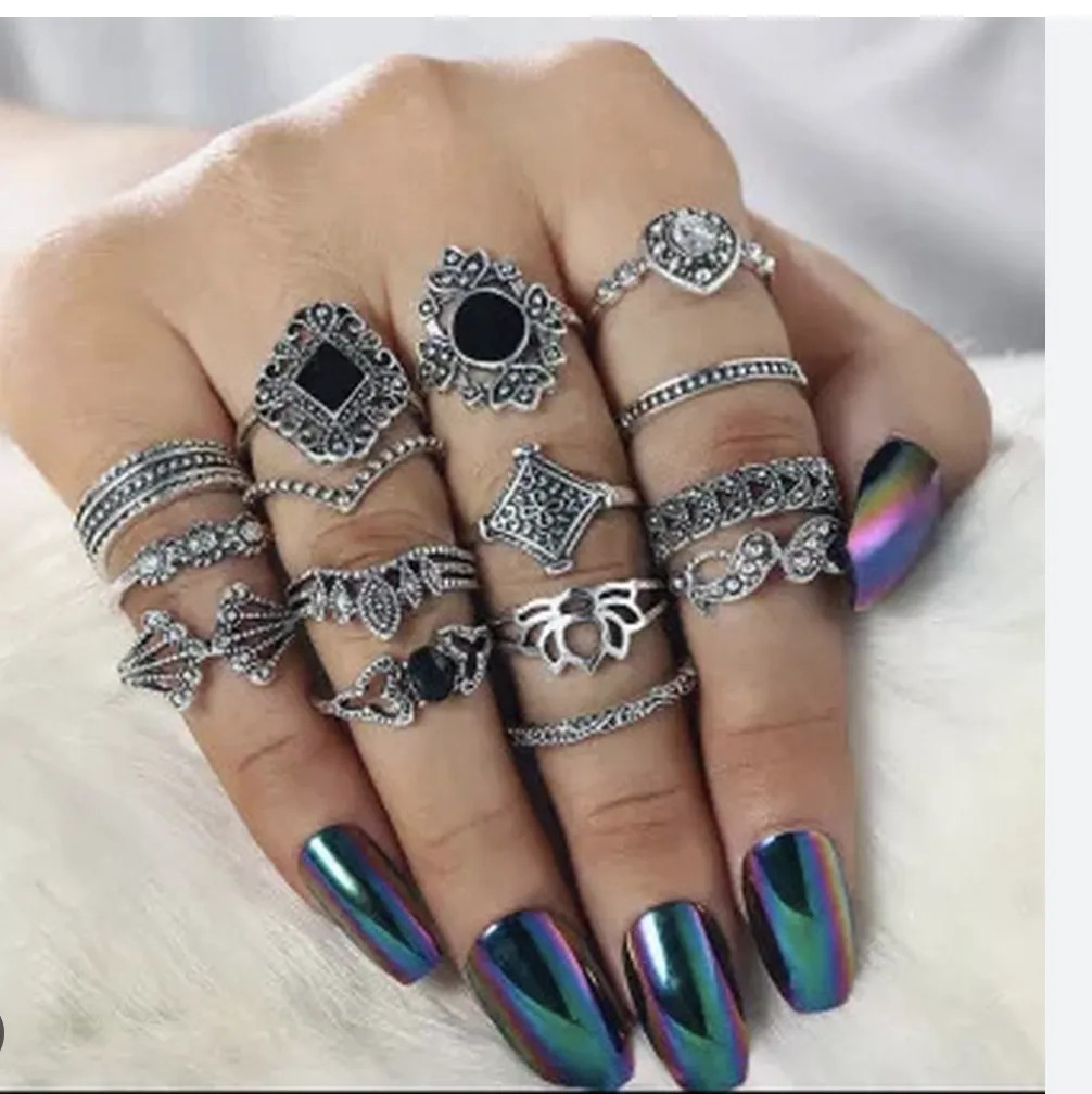 15 Piece/Set Bohemian Retro Crystal Flower Leaves Leaves Blank Padma Gem Silver Ring thumbnail