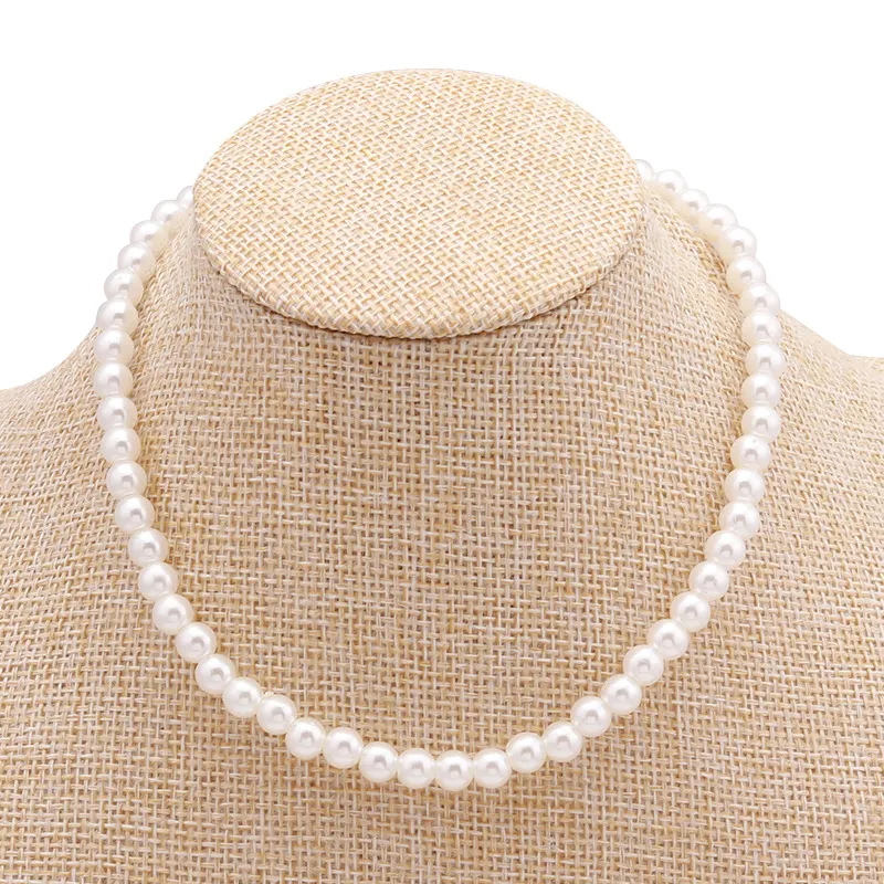 Gothic Baroque Imitation Pearl Chain Necklace - Women's Bridal Wedding Beaded Choker, White and Golden thumbnail
