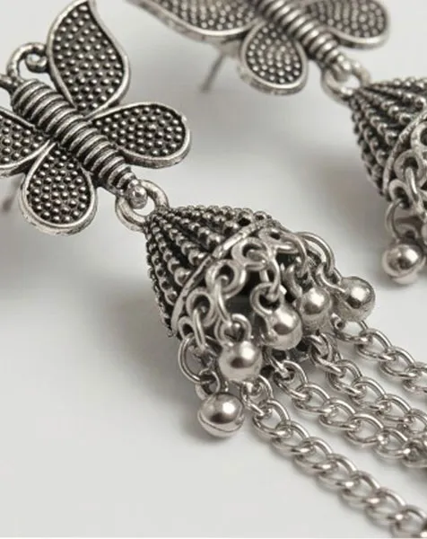 Sparkling Floral Mirror Work Oxidized Jhumka Earrings thumbnail