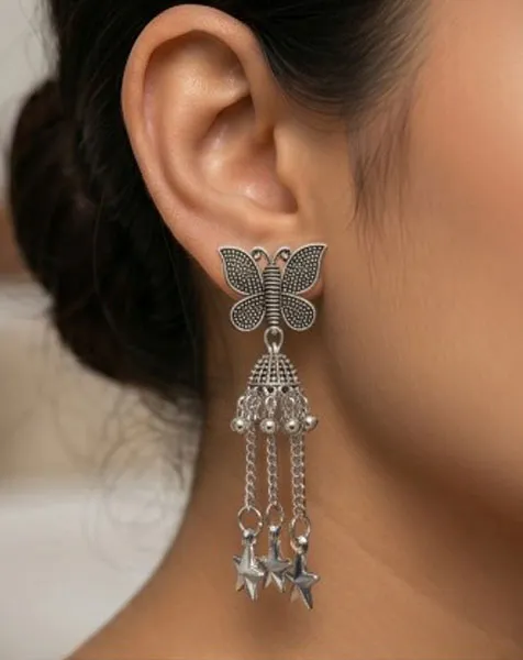 Enchanting Oxidized Butterfly Tassel Earrings with Star Charms thumbnail