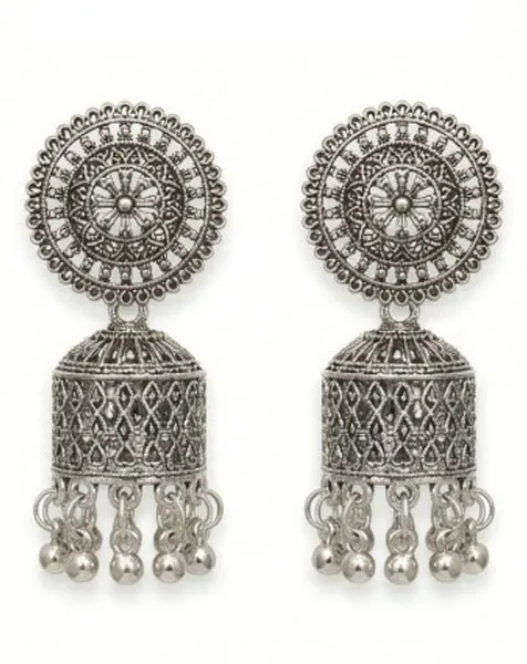 Vintage Oxidized Silver Mandala Jhumka Earrings – Traditional Ethnic Wear thumbnail